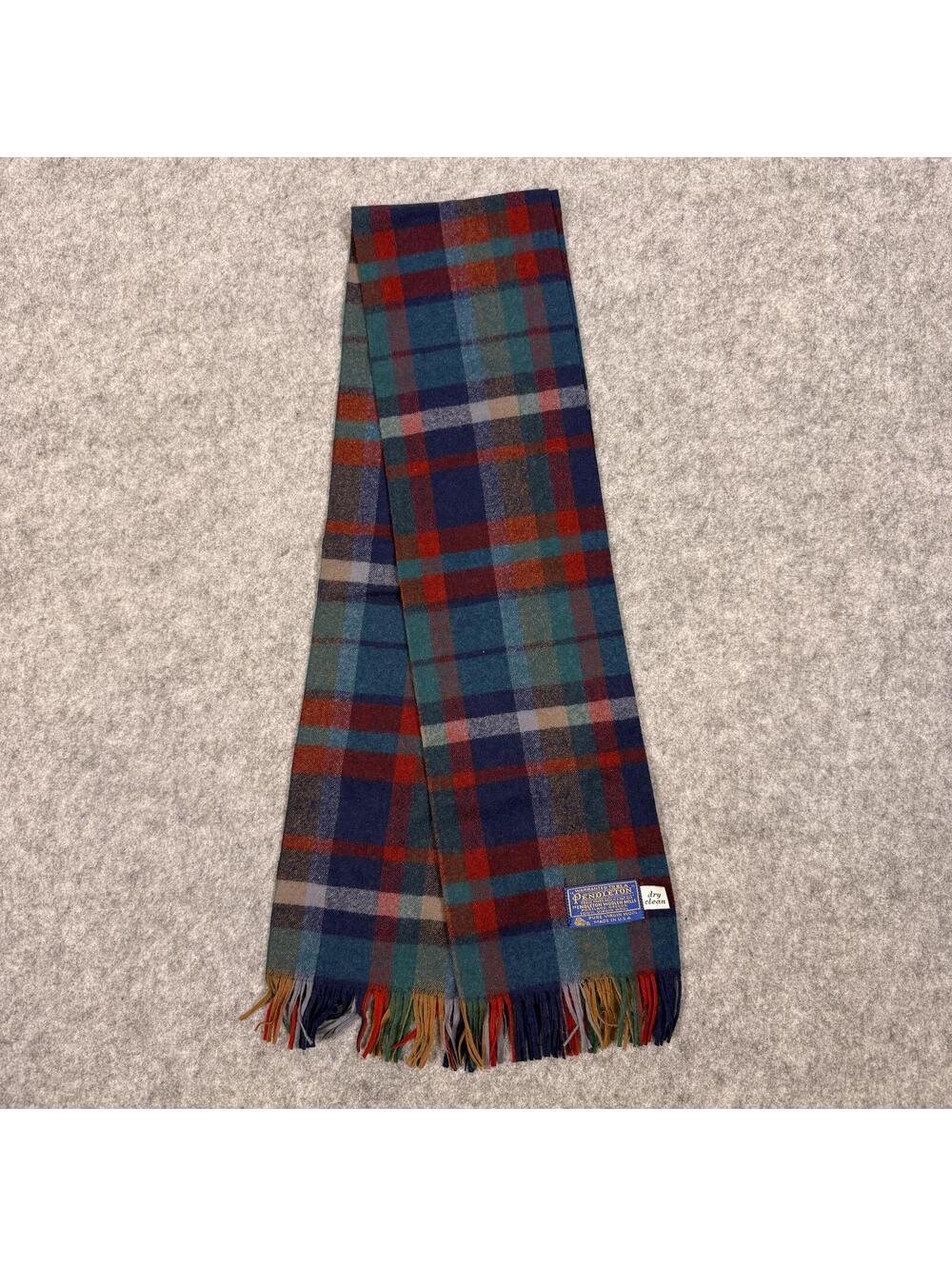 Vintage Pendleton Plaid Wool Scarf Red Green Navy Tartan with Fringe